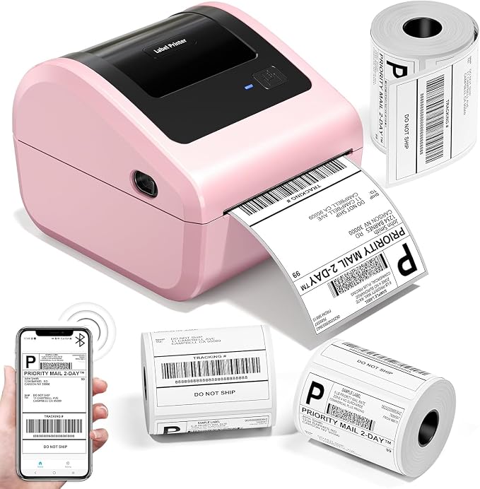 Bluetooth Shipping Label Printer with 3 Roll Labels, D450BT Pink Thermal Label Printer 4x6 for Small Business, Thermal Printers Come with 750PCS 4x6‬ White Labels (250 Labels/Roll)