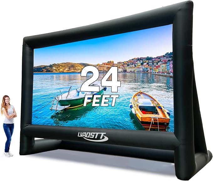 Inflatable Projector Screen, 24FT Blow Up Movie Screen Outdoor Projector, Easy Set Up One-Piece Design Front & Rear Projection with Air Blower for Outside Backyard Family Movie Night Pool Party