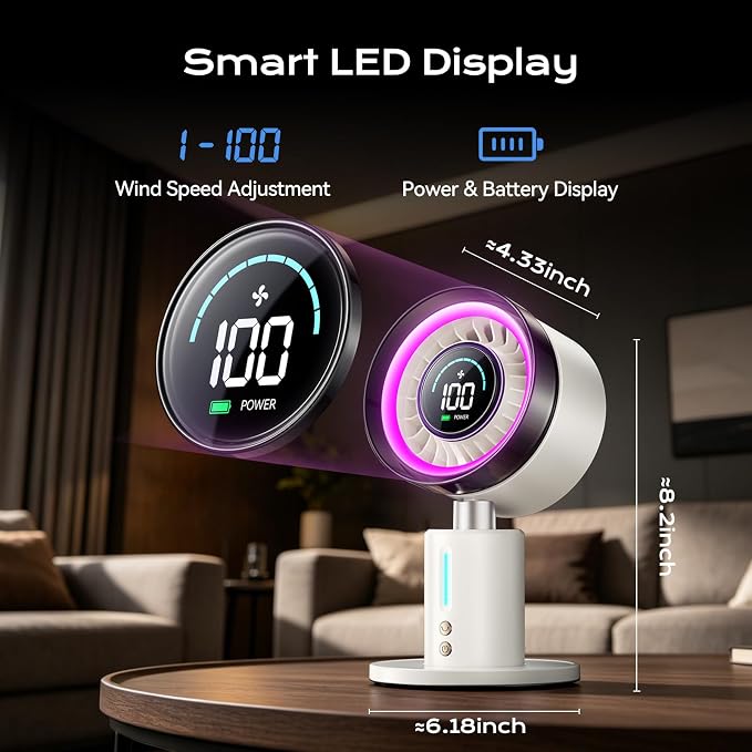KIMMOO USB Rechargable Desk Fan, 2-in-1 Turbo Table Fan with 5-Color Light, 180° Oscillating,100 Speeds, 6000mAh Battery, LED Display, Quiet Portable Desktop Fan for Bedroom/Office/Dorm/Home (White)