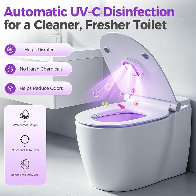 UV-C Toilet Lid Sanitizer 2 Pack, Hands-Free 99-Second Auto Cycle, Helps Reduce Odors, No Sprays or Residue, 180° Coverage, USB-C Rechargeable, Fits Most Toilet Lids