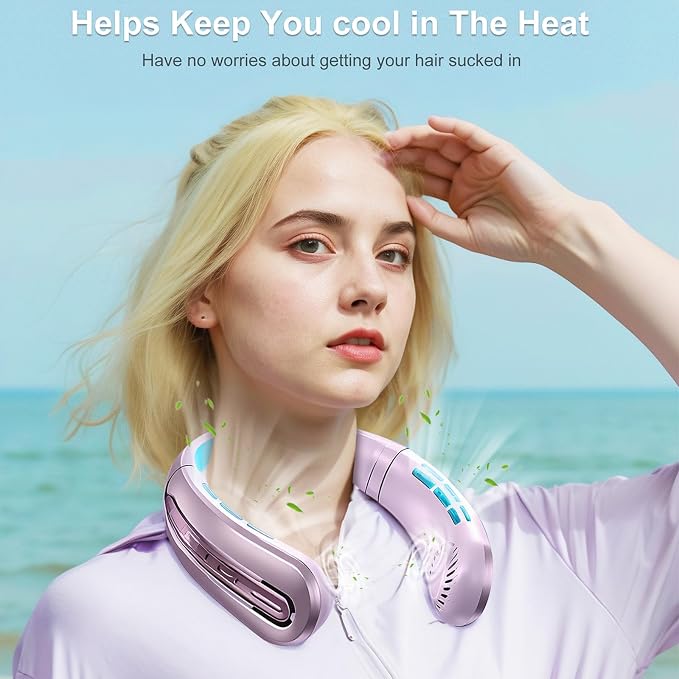 Portable Neck Fans that Blow Cold Air, Rechargeable Personal Small Wearable Cooler With 3-Speed, LED Display, 5000mAh, Type-C Port, Gift For Women, Dad, Birthday, Father, Travel, Outdoor, (Pink)