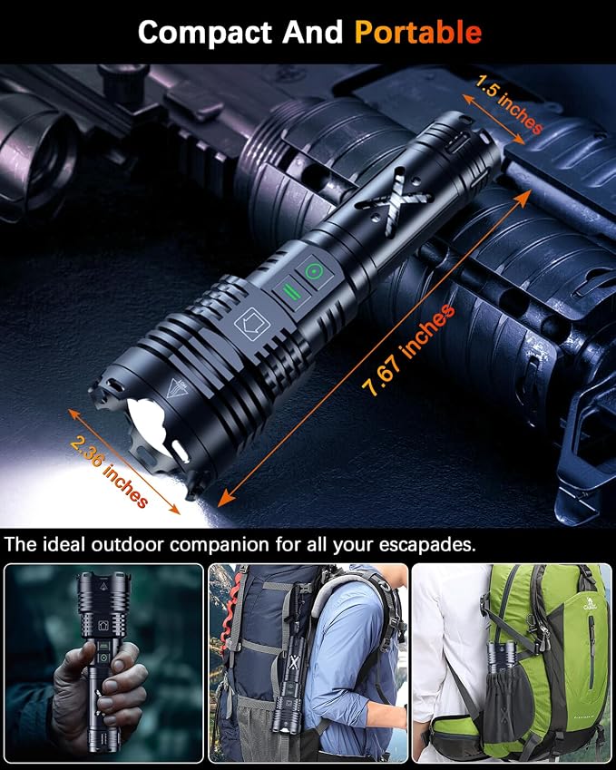 Super Bright Rechargeable Flashlight 2000000 High Lumens Waterproof Tactical Powerful Led Flashlight Battery Powered With 6 Mode Zoomable Fast Charge, Handheld Flashlight For Camping Caving Emergency
