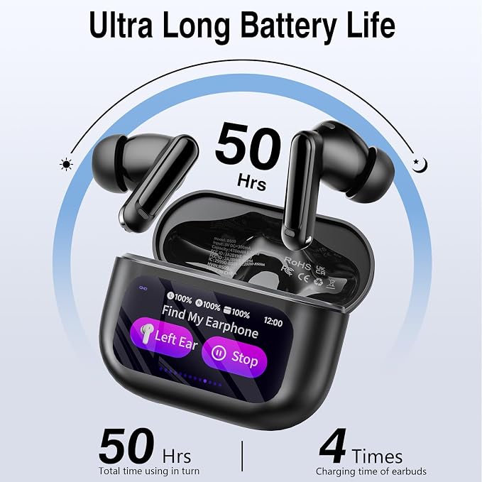 Thunelec Wireless Earbuds with Touch Screen, 2026 New Bluetooth 5.4 Headphones with ANC/ENC Mic, 50H HiFi Stereo Ear Buds with 5 EQ Modes, Transparency Mode, IPX7 Earphones for Running/Fitness, Black