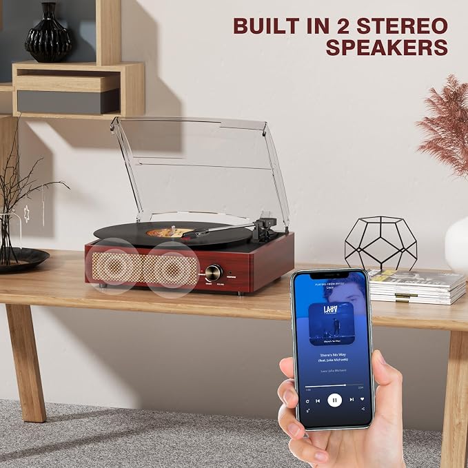 Vinyl Record Player with 2 Stereo Speakers Belt-Driven Vintage Turntables 3 Speed 3 Size Wireless Bluetooth Playback AUX-in RCA Out Headphone LP Vinyl Players Auto Stop Red Wood