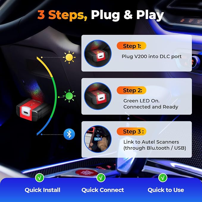 Autel VCI200 Wireless Diagnostic Dongle with CAN FD & DoIP, OBD2 Bluetooth Adapter Connector V200, Upgrade of V150 V100 VCI150 VCI100, Compatible with KM100, MS906 Series, ITS600, BT608, BT609