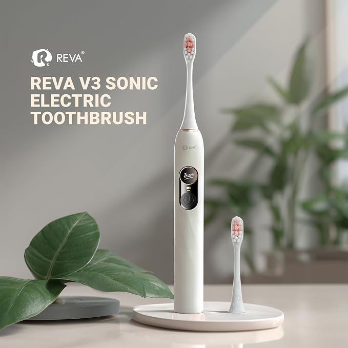Reva V3 Sonic Electric Toothbrush for Adults, Dual Display, 5 Modes, 200-Day Battery, 4 Brush Heads, IPX7 Waterproof (White)