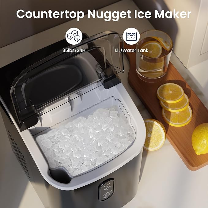 Antarctic Star Nugget Ice Makers Countertop with Auto-Cleaning, 35lbs/Day, Portable Sonic Ice Machine with Handle, Basket and Scoop for Home/Kitchen/Office/Camping(Stainless Steel Black)
