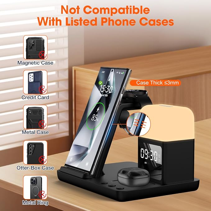 Wireless Charger for Samsung/Android Charging Station, 6 in 1 Fast Watch Charger with Alarm Clock-Night Light, Compatible for Galaxy S25 Ultra/S24, Only for Samsung Watch8/7, Galaxy Buds3 Pro(Jet)