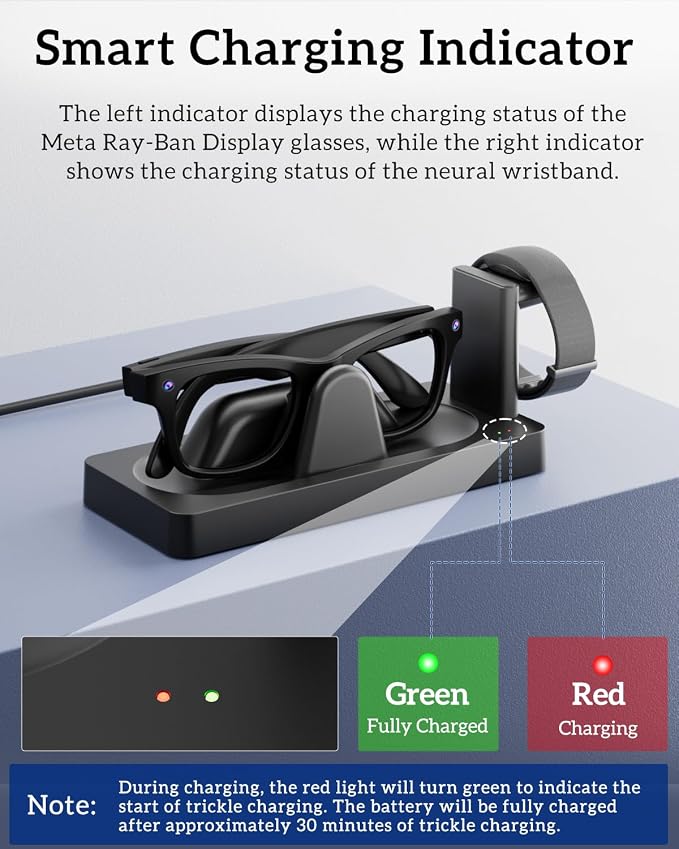 Charging Dock for Meta RayBan Display&Neural Band Smart Glasses Accessories | 3-in-1 Dock, One-stop Charging. Smart chip + Fast charging. Dual-Color LED Status. Contact Charging. Drop & Charge