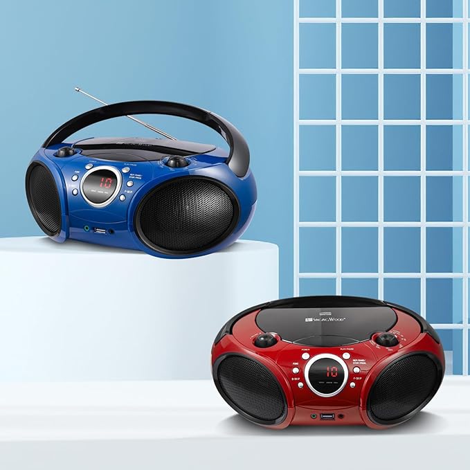 Singingwood Portable CD Player Boombox AM FM Radio, Bluetooth, USB Port CD-R/RW, MP3 CDs, 3.5mm Aux Input and Headphone Jack-Dual Power AC/Battery Stereo Sound System for Home & Outdoor (Blue)