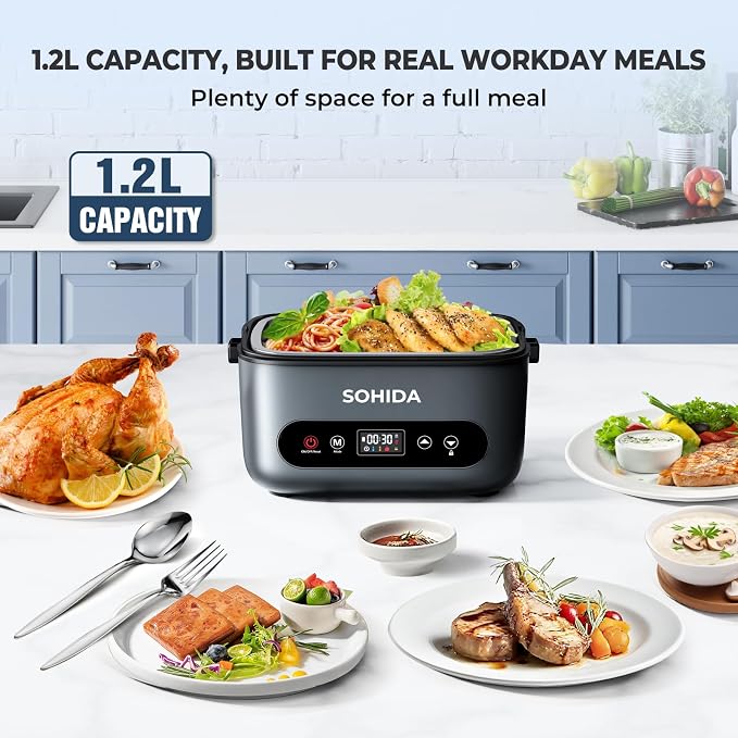 SOHIDA Cordless Heated & Electric Lunch Box for Adults – 100W 1.2L 24000mAh Rechargeable Battery, Portable Self-Heating Food Warmer for Car/Truck/Office/Worker