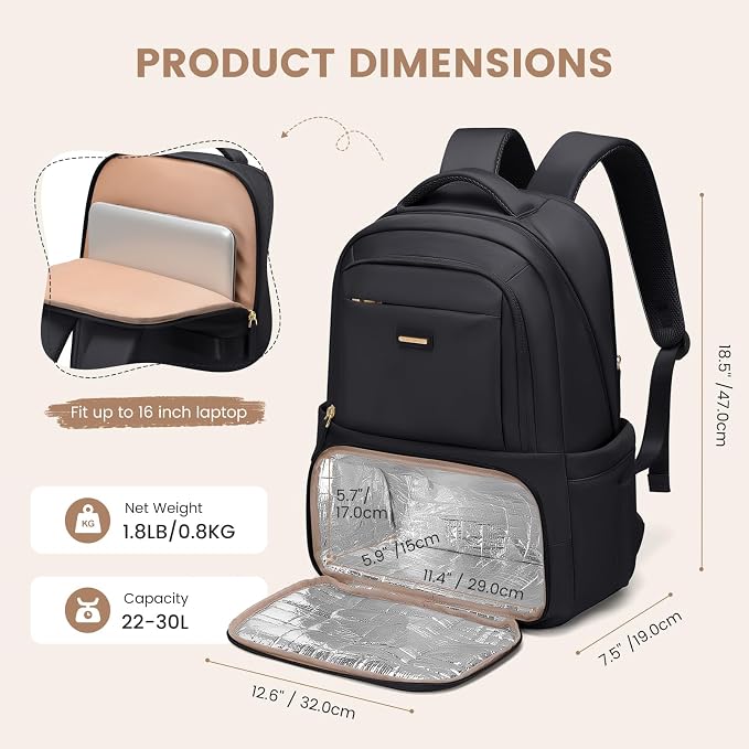 GOLF SUPAGS Lunch Backpack 16 Inch Laptop Backpack with Insulated Cooler Lunch Box Food Bag for College Work Camping Picnics (Black)