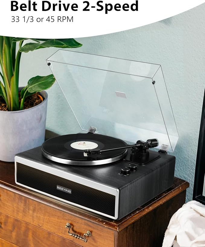 SeeYing Vinyl Record Player with Built in HiFi Speakers, Bluetooth Belt Drive Turntable for Vinyl Records with Magnetic Cartridge, Auto Stop and Warm Light Design