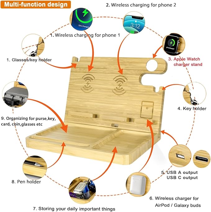 Wood Phone Docking Station 2 Phone Wireless Charging Station Nightstand Organizer for Men 27W Fast Charging Bamboo Wireless Charger for iPhone Android Phone iWatch Earbuds Birthday Gifts for Men