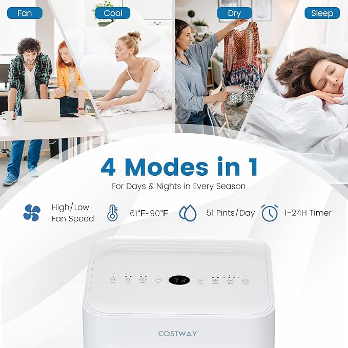 COSTWAY Portable Air Conditioner, 10000 BTU AC Unit with Cool, Fan, Dehumidifier & Sleep Mode for Rooms up to 350 Sq.Ft, with 24H Timer, Child Lock, Remote Control & Window Kit (White)