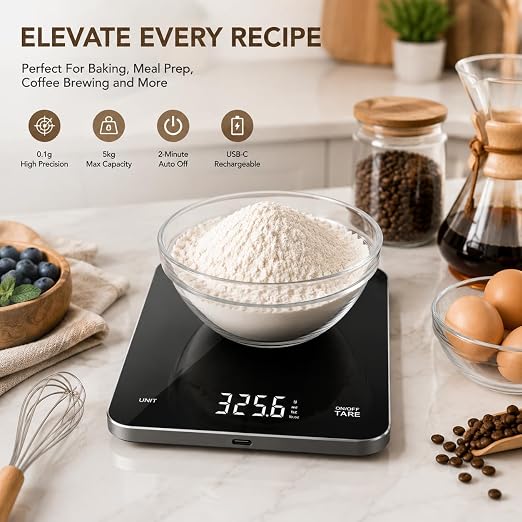 Rechargeable Digital Kitchen Scale, 5kg/0.1g High Precision Food Scale, Ultra Slim & Tempered Glass Platform, Tare & 4 Unit Modes, Perfect for Baking & Cooking