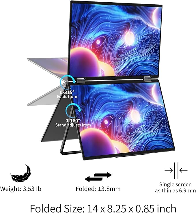 Portable Monitor Dual 15.6 Inch 1080P Dual Stacked Foldable Screen Monitor, USB-C HDMI Travel Monitor for Laptop Mac Windows, Screen Extender with Kickstand, VESA Mountable