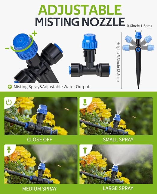 HIRALIY 118FT Drip Irrigation Kit with Water Timer, Quick-Connect Garden Watering System with 30 Adjustable Misting Nozzles, 1/4 in Tubing for Greenhouse, Raised Beds & Hanging Plants