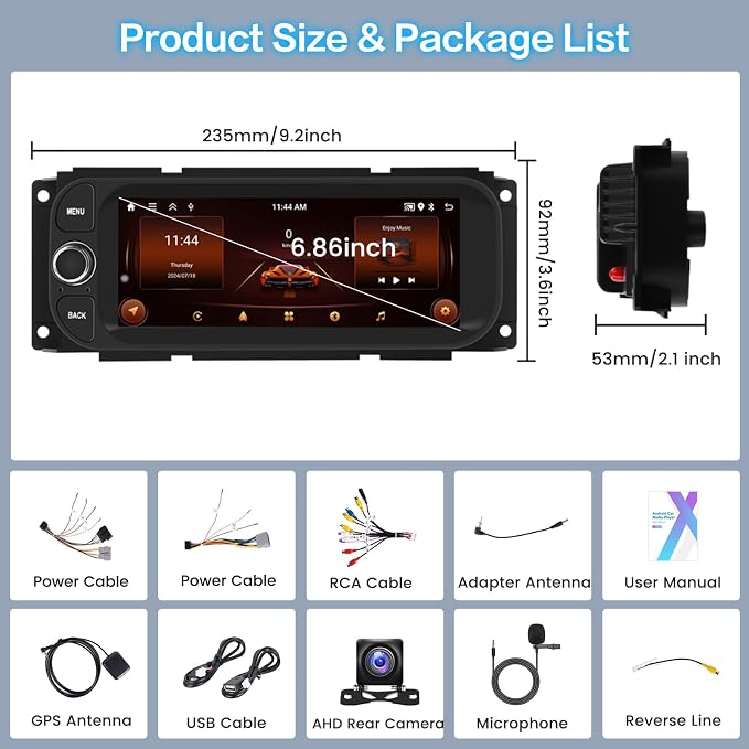 5Ghz WiFi [64G] Android Car Radio for Dodge Ram 2002-2006, Jeep Wrangler 2003-2006, Jeep Liberty 2002-2007, Jeep Grand Cherokee 1999-2004 – 6.86" HD Touchscreen with CarPlay Android Auto 2+64G GPS SWC