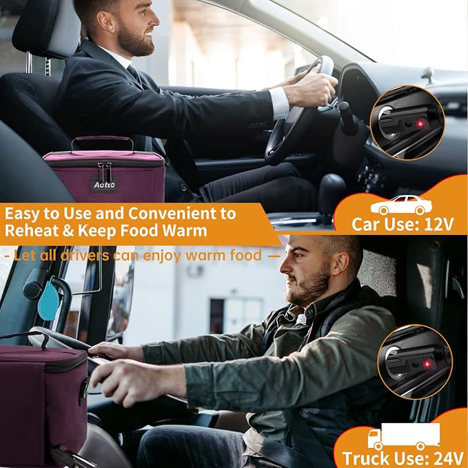 Aotto Heated Lunch Box Food Warmer - 12V/24V 2-in-1 Car Food Warmer with Vehicle Plug - Mini Portable Electric Lunch Box Heater for Men and Women - Reheat & Keep Meals Warm On the Go - Dark Purple