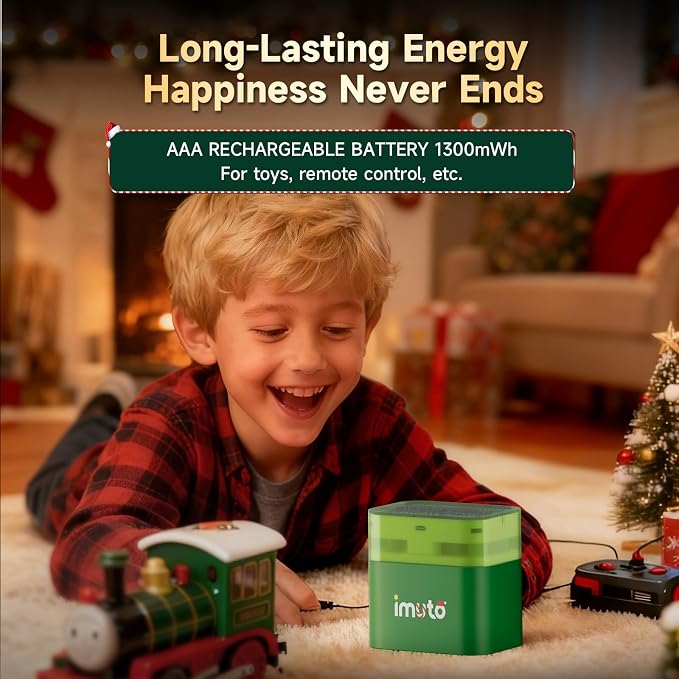 imuto AA & AAA Rechargeable Battery Kit with 8-Slot USB-C Charger | 4 Pcs 3600mWh AA, 4 Pcs 1300mWh AAA, Christmas Style Charger Compatible with NiMH & Li-ion, Ideal for home electronics