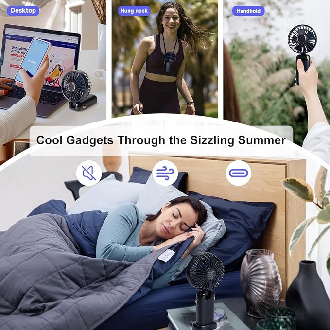 Portable Handheld Fan, 12 hours, Upgrade 3200mAh Portable Fan with LED Display, 90° Foldable, 5 Speed Wind,Hand Held/Neck/Desk 3 in 1 Personal Small Fans, Makeup Fans for Women (Dark Blue)