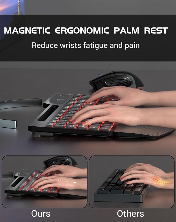 Wireless Keyboard Mouse Combo, Full Size Quiet Ergonomic Keyboard with Calculator, Backlit, Wrist Rest, Phone Holder, 2.4Ghz Silent Rechargeable Keyboard & Mouse for Laptop, PC, Windows (Black)