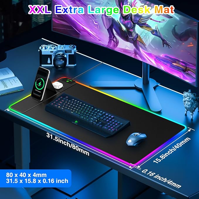 XXL RGB LED Gaming Mouse Pad with Magnetic Wireless Charger & Foldable Phone Holder, 31.5"x15.8" Extended Ultra-Smooth Desk Mat, 25 Lighting Effects, Non-Slip Base, Includes 20W PD Adapter
