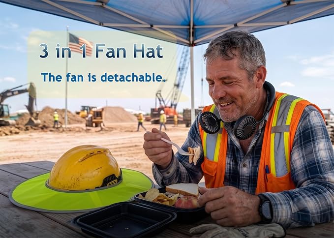Hard Hat Sun Shade with Rechargeable Fan, Full Brim Visor Cooling Kit with Detachable Neck Fan for Construction Worker Men Women Outdoor Safety Helmet Accessories (No Lights)