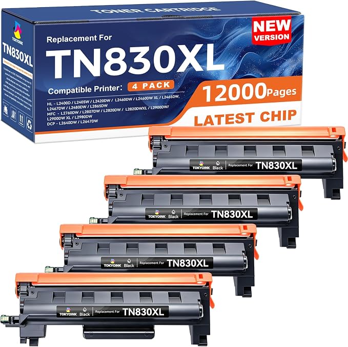 TOKYOINK TN830XL Toner TN830 Cartridges Replacement for Brother TN830 830XL Toner Compatible with DCP-L2640DW MFC-L2820DW HL-L2400D HL-L2460DW HL-L2405W HL-L2465DW HL-L2480DW Printer (4 Pack)