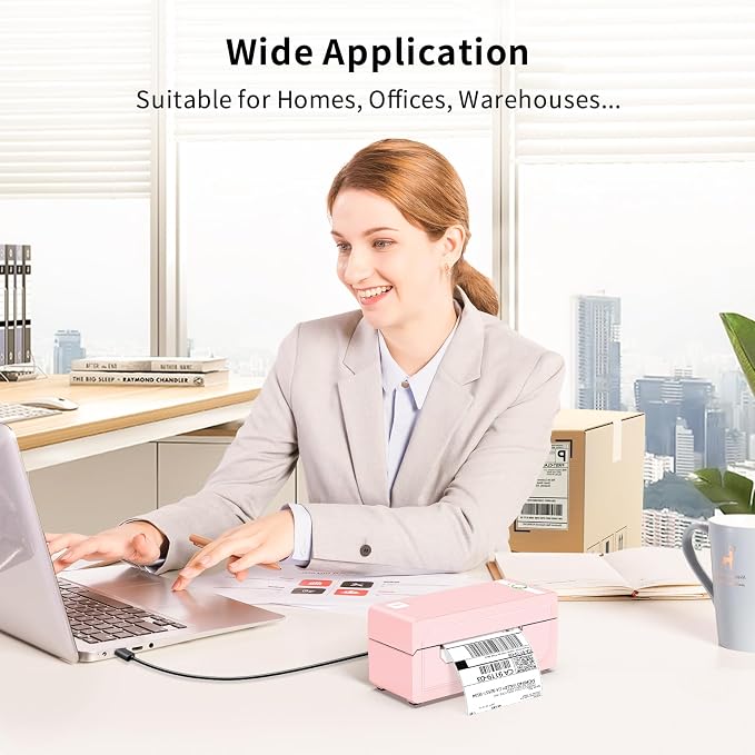 JADENS Pink Thermal Label Printer & 1 Roll Thermal Labels