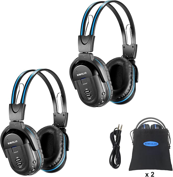 SIMOLIO IR Headphones for Car DVD System, Universal 2 Channel Wireless Infrared Headphone for Honda Odyssey, Pilot, Toyota Sienna, uConnect, GMC Yukon, with AUX Cord, Folding & Carry Pouch, 2 Pack