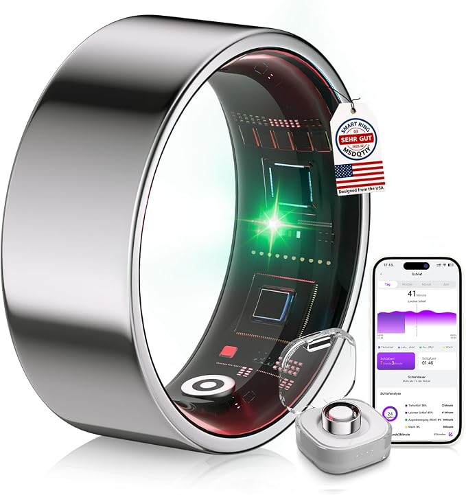 8.0 Smart Ring and Charging Case【Industry First – 0 Measurement Error】【IP68 Waterproof】 2025 Smart Ring for Women & Men for Sleep Tracking Wearable Device,Fitness Ring Silver 9#