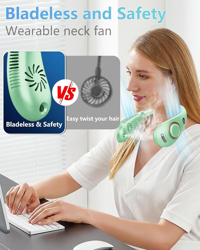 Portable Neck Fan Rechargeable,Foldaway Personal Fan Around Neck with Mister,Hands Free Bladeless Fans 5 Speeds Adjustment,Dual Air Vents,LED Display,Water Spray Misting Fan for Home Office Green