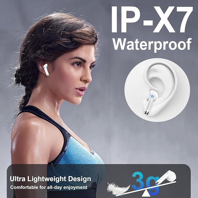 Wireless Earbuds, Bluetooth Headphones, Stereo Bass Ear Buds with ENC Noise Cancelling Mics,42H Bluetooth Earbuds with LED Display Charging Case, IP7 Waterproof Earphones for Android iOS/Glass white