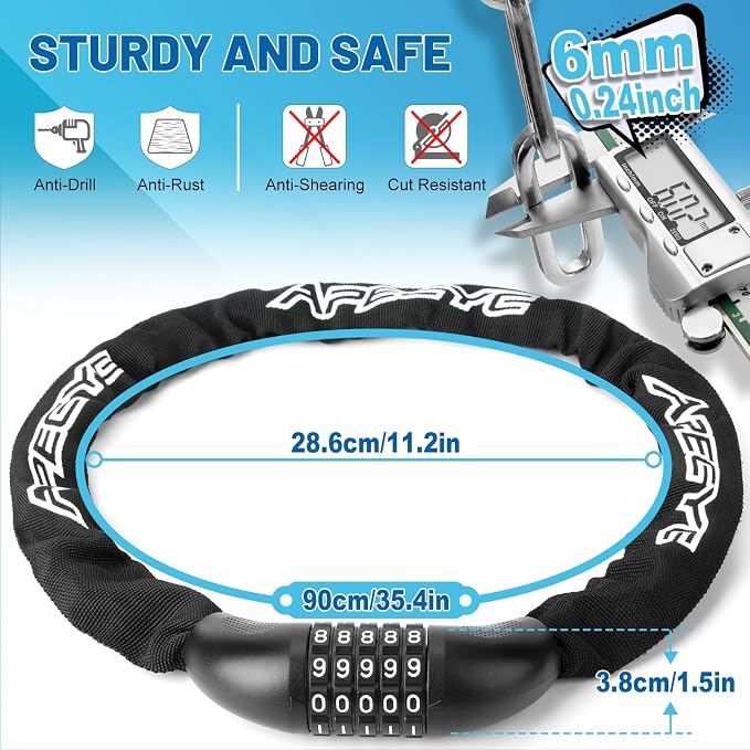APECYC Bike Lock Heavy Duty Anti Theft, 3/4/5/6FT Bike Chain Lock with 5 Digit Resettable Combination, Bicycle Lock for E Bike, Scooter & Motorcycle, Cut Resistant Security Chain with Protective Cover