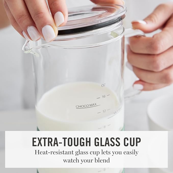 Martha Stewart Milk Frother and Steamer, 10oz/300ml Glass Cup, 4 Presets (Cold Foam, Light, Dense & Hot Chocolate), Ready in 90 Seconds, Cordless Pouring, One-Touch for Hot and Cold Milk, Honeydew