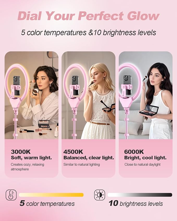 UBeesize 12'' LED Ring Light with 62'' Tripod Stand, Selfie Ring Light for Video Recording, Live Streaming, TikTok & YouTube, Compatible with iPhone & Android (Pink)