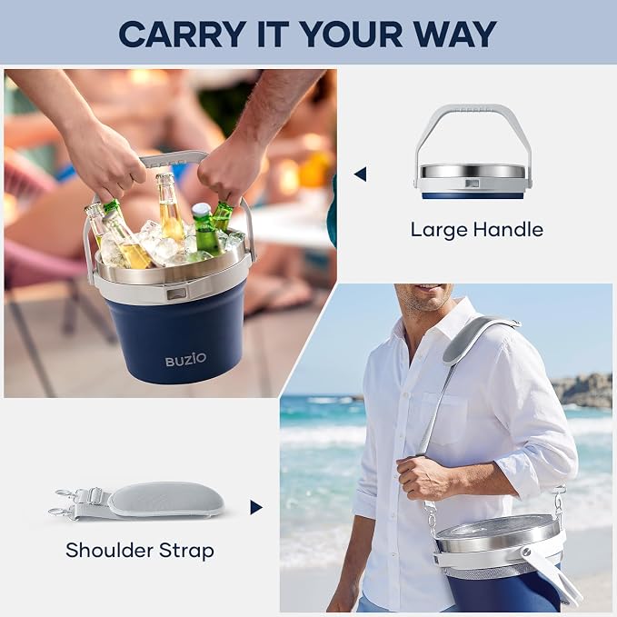 BUZIO 7 L Ice Bucket with Lid, Scoop, Tongs & Metal Cups, Double Wall Vacuum Insulated Stainless Steel Large Bucket with Handle & Adjustable Shoulder Strap, for Cocktail Bar, Blue