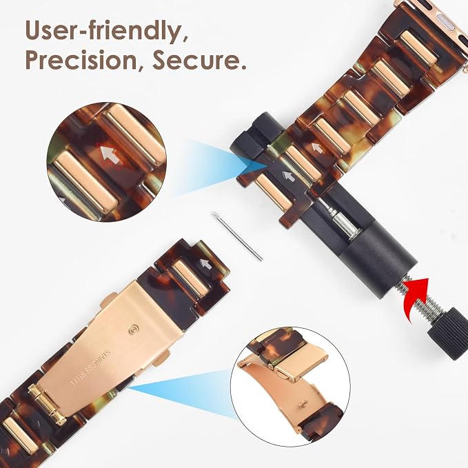 V-MORO Resin Band Compatible with Apple Watch 42/44/45/46/49mm,Fashion Lightweight Bracelet with Polished Rose Gold Stainless Steel Inlay for iWatch Series 11/10/9/8/7/6/5/4/3/2/1/SE,Tortoise Shell