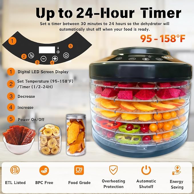 Food Dehydrator Machine for Mushroom,6 Trays Jerky Dehydrator Machine with 24H Timer, 600W 158°F Food Dryer Dehydrator for Meat, Herbs, Meat, Fruit,Dog Treats (Black)