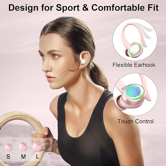 Matast Wireless Earbuds, Bluetooth Headphones Sports, Deep Bass Fitness Earphones Gym Running, Playback Over-Ear Buds with Noise Cancelling Mic, IP7 Waterproof
