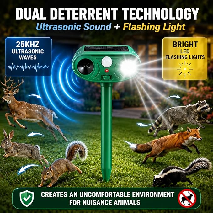 2 Pack Sonic Fortress Pro Deer Repellent Solar Animal Repeller Outdoor, Cats Deterrent Ultrasonic Animal Deterrent with Flashing Light, Deer Rabbit Squirrel Raccoon Fox Cat Repellent for Garden