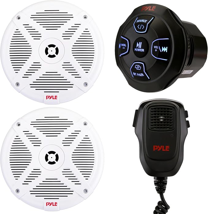 Pyle Dual 6.5” Waterproof Marine Audio Kit with Bluetooth Amplified Receiver & Handheld Microphone, Complete Onboard Sound System with 6.5 Marine Speakers for Boats and Watercraft (White)