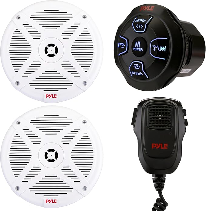 Pyle Dual 6.5” Waterproof Marine Audio Kit with Bluetooth Amplified Receiver & Handheld Microphone, Complete Onboard Sound System with 6.5 Marine Speakers for Boats and Watercraft (White)