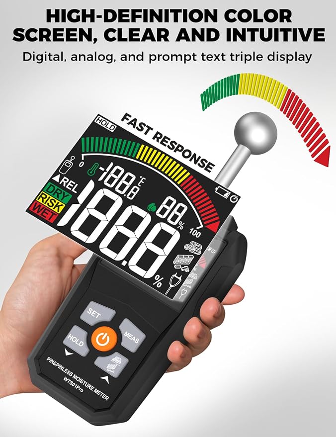 Moisture Meter, POROMETISTO Pin & Pinless Moisture Meter – Dual Mode Wood Moisture Detector for Walls, Drywall, Firewood & Concrete, Digital Moisture Meter with Color Screen & Alarm