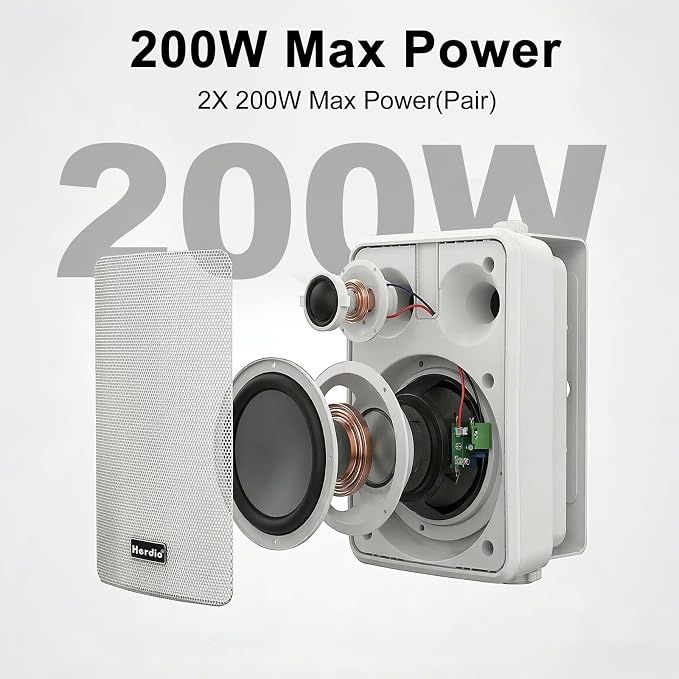 Herdio 6.5" 400W Outdoor Bluetooth Speakers, IPX5 Waterproof Rating and Be Able to Wireless Multi-Connection Up to 20 Units for Patio/Porch/Balcony (White, 2-Pack)