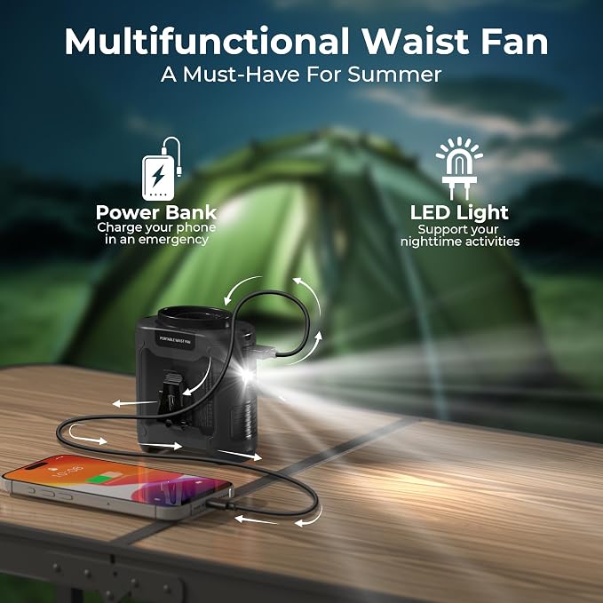 10000mAh Portable Waist Fan, Father Day Gifts for Husband Dad, Blue Collar Worker Belt Clip Fan with Light, Essentials for Camping Gardening, 40H 16000RPM Rechargeable Cooling Gadgets for Men 2026