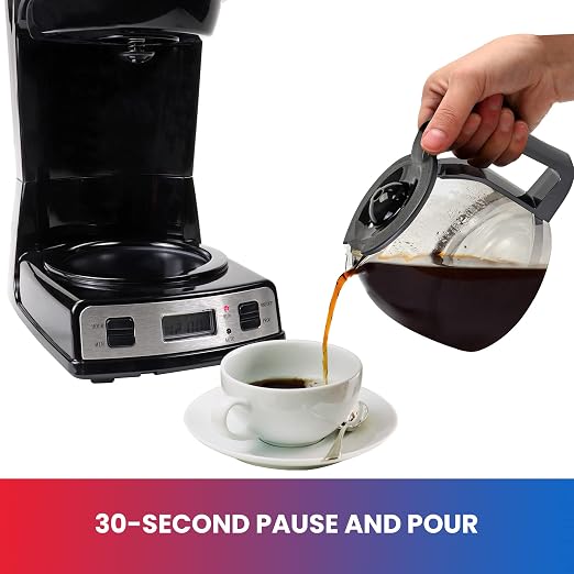 Total Chef TCCM06 Programmable Coffee Maker Stainless Steel with 12-Cup Glass Carafe, LCD Display, Reusable Basket Filter Easy Cleanup Built in Water-Level Indicator, Countertop, Black/Gray