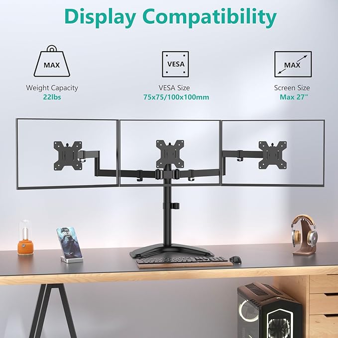 WALI Triple Monitor Stand, Free Standing Three LCD Monitor Fully Adjustable Desk Mount Fits 3 Screens up to 27 inch, 22 lbs Weight Capacity per Arm (MF003), Black